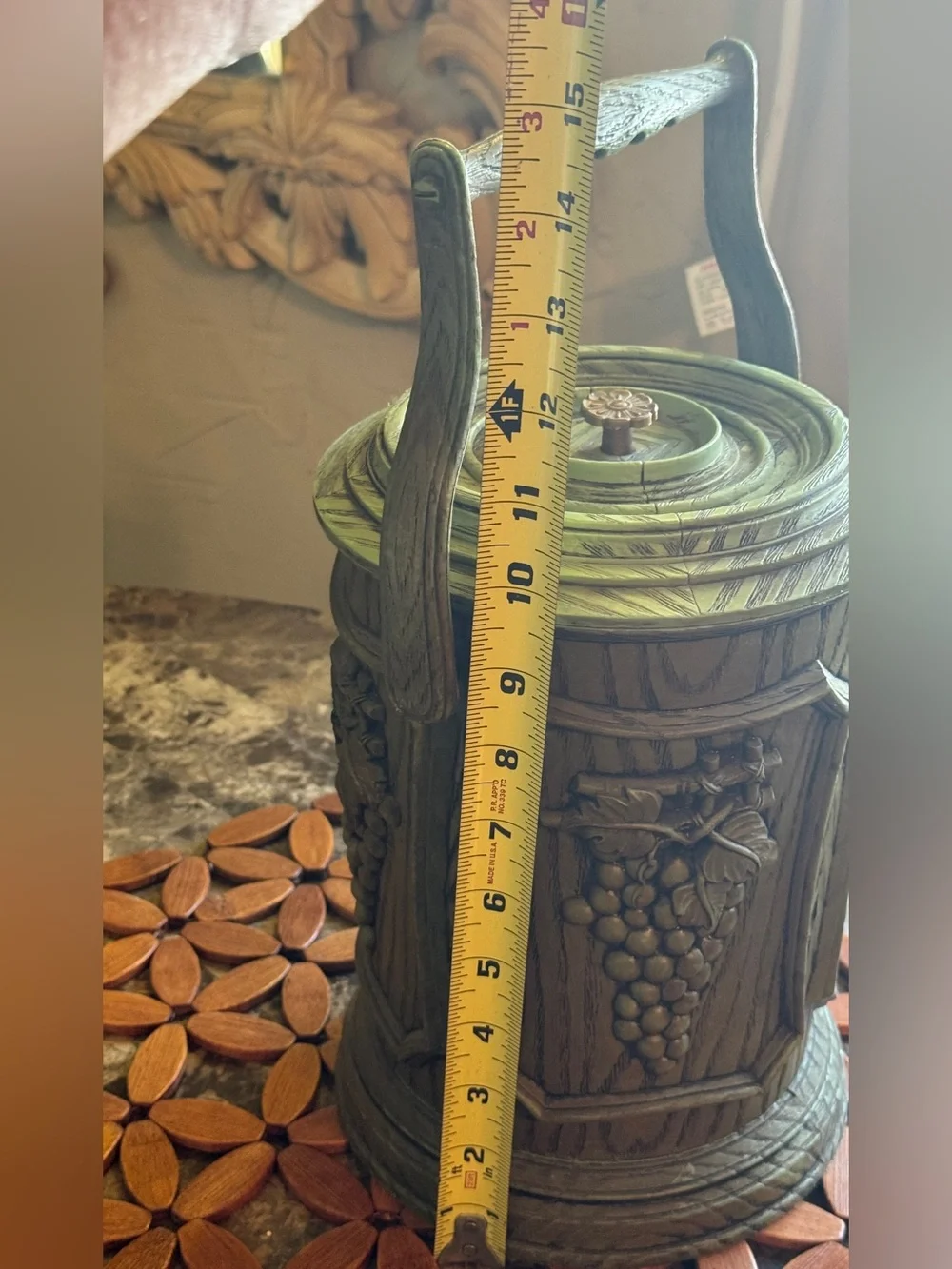 Vintage MCM Grape Ice Bucket – Avocado Green Faux Woodgrain Barware